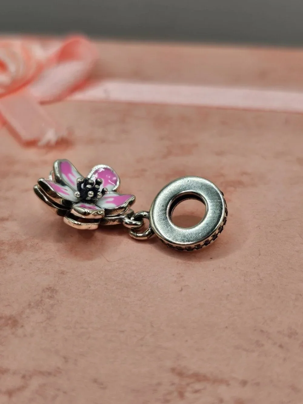 Sterling Silver 925 Rhodium Plated CZ Dangling Cherry Blossom Charm